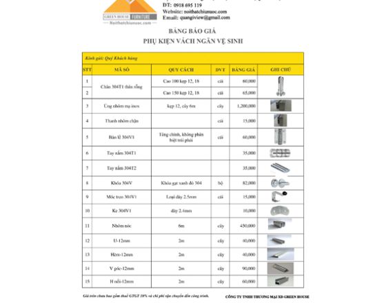 BẢNG GIÁ PHỤ KIỆN VÁCH NGĂN VỆ SINH