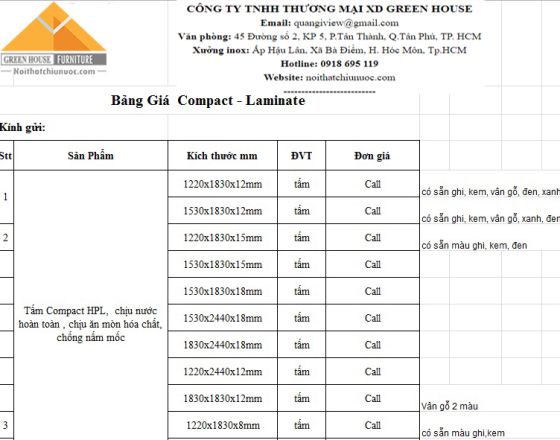 Bảng giá tấm Compact HPL 2019